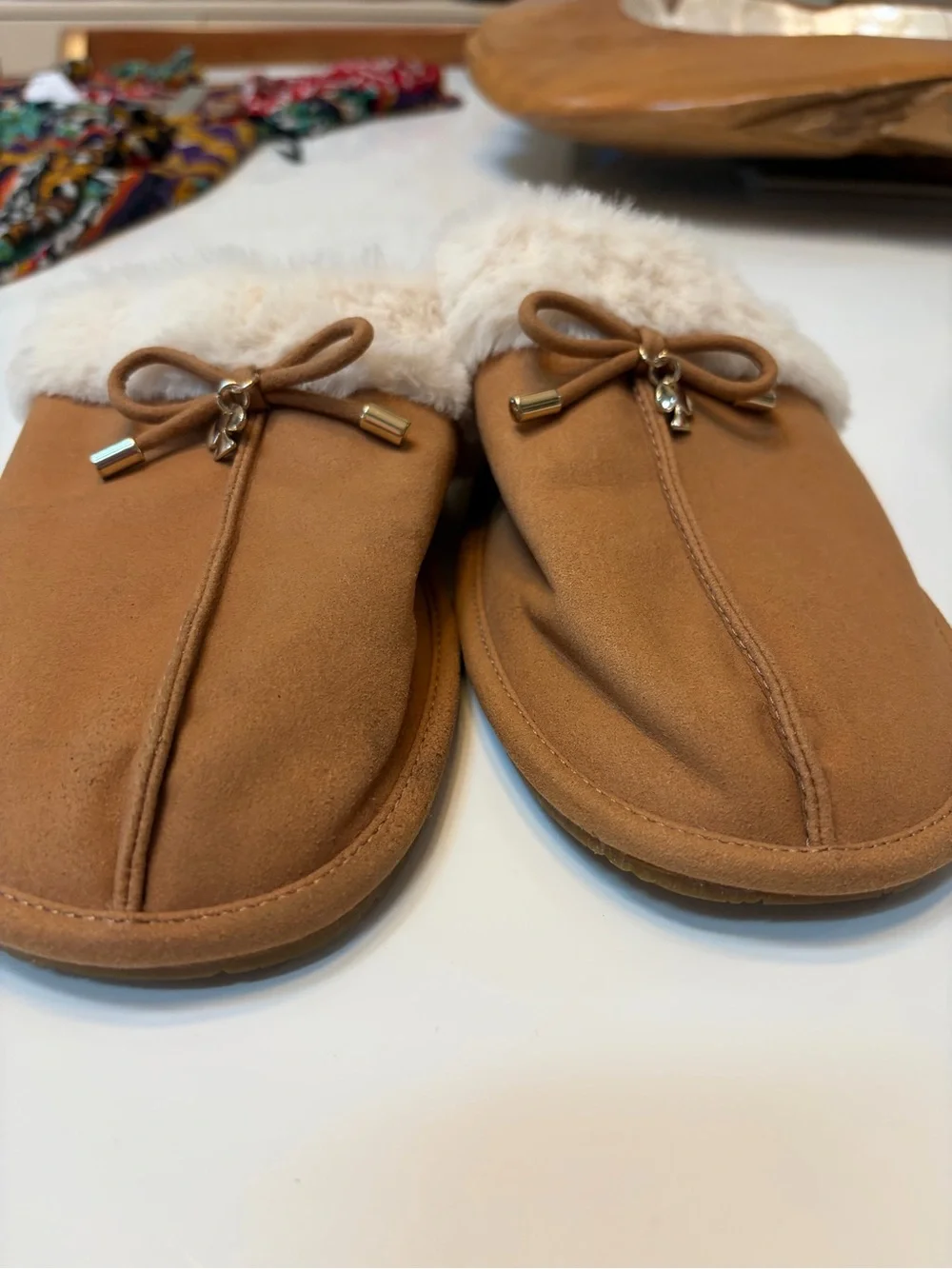 #791 kate spade Camel Faux-Suede Faux-Fur Mule Slippers. NWT